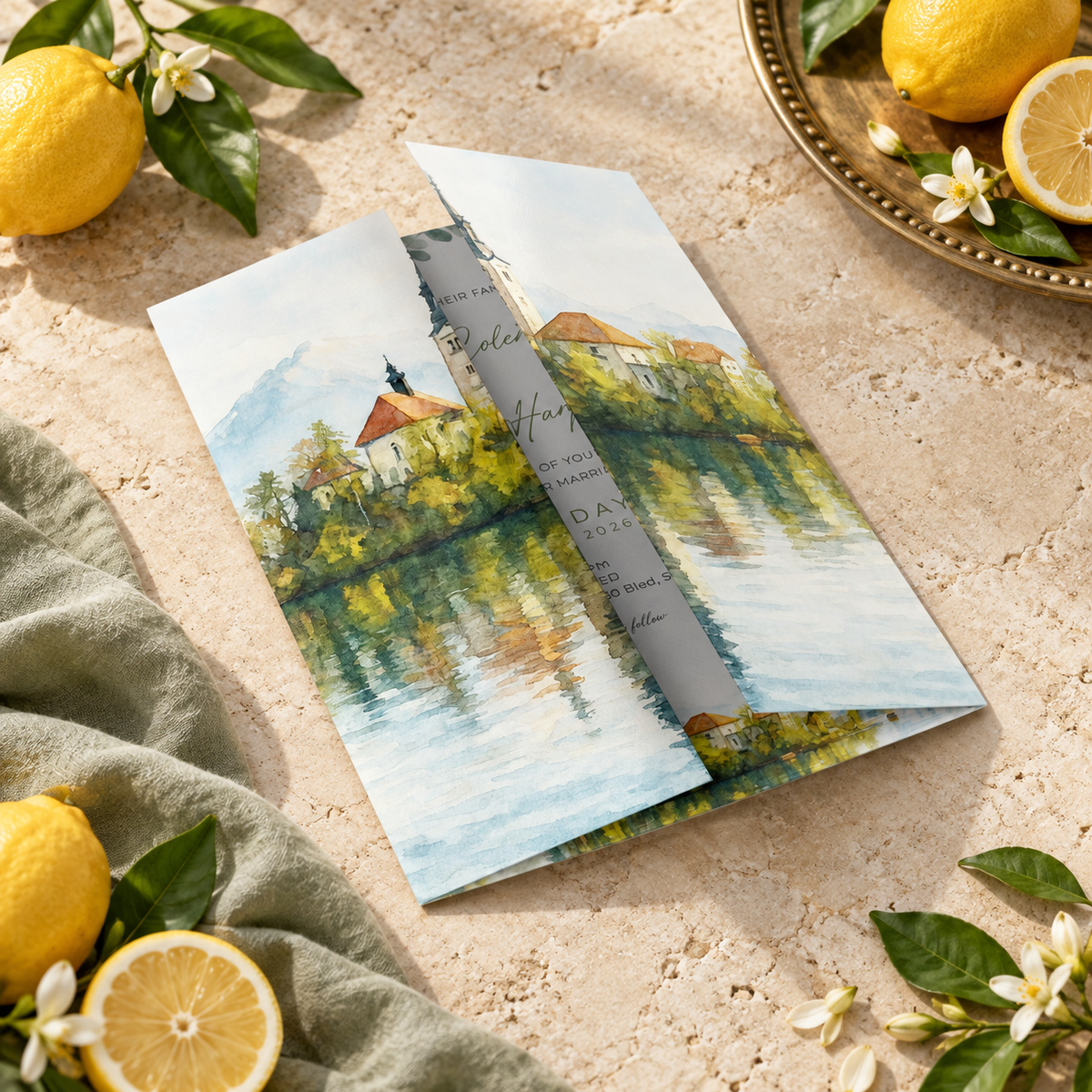 Mediterranean Lemon Watercolour Wedding Invitation Sample