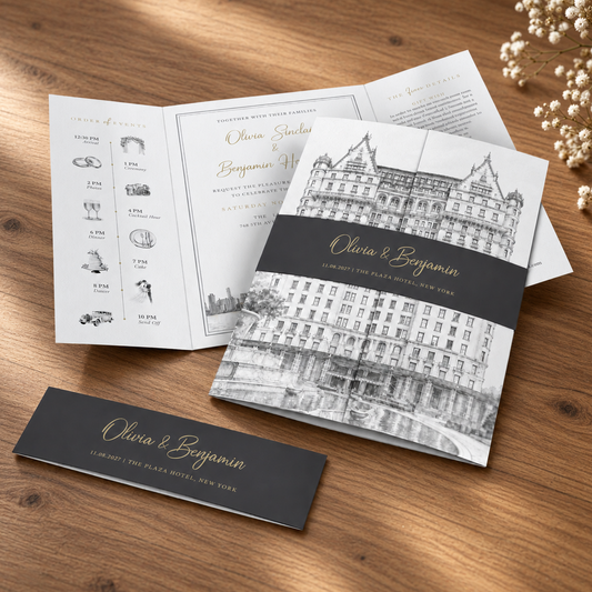 black, white and gold wedding invitations gatefold new york style with bellybands and envelopes