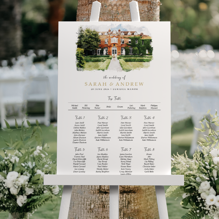 Wedding seating chart on an easel with floral arrangements and tables in the background
