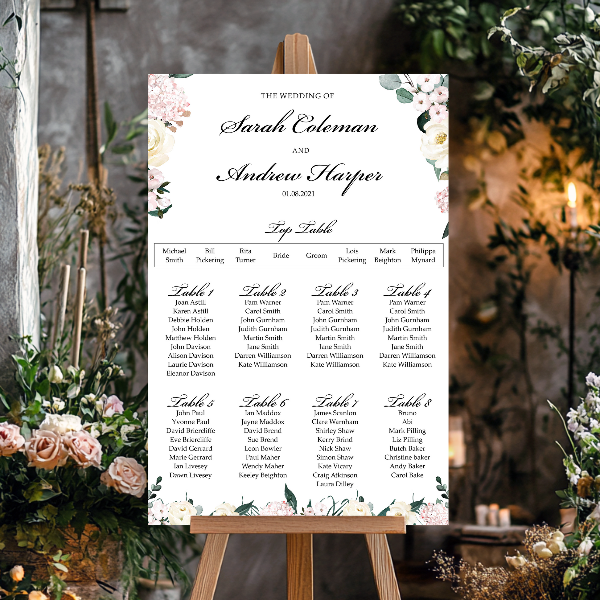 Blush pink and white floral Wedding seating chart