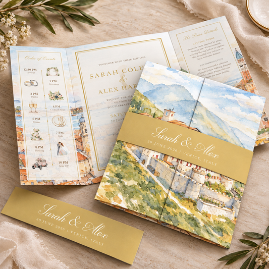 destination wedding gatefold invites with images and envelopes