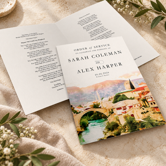 watercolour order of service for weddings with custom venue 