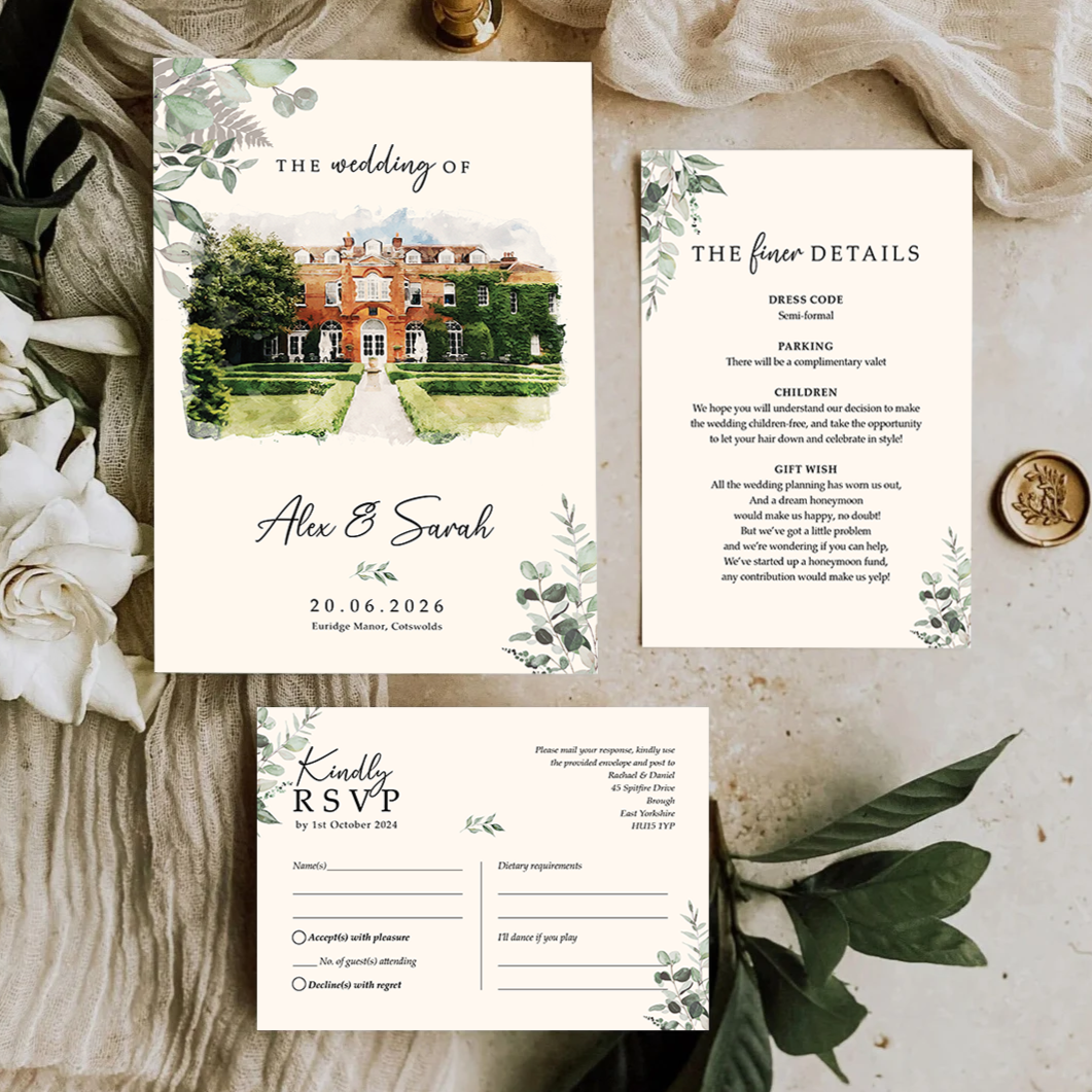 Venue wedding invitations set feature a watercolour illustration painting effect of your wedding venue with A5 wedding invite and 2 inserts