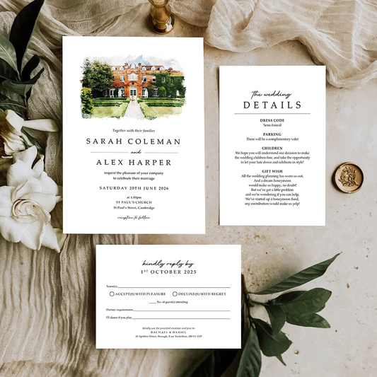 Watercolour wedding invitation set with envelopes