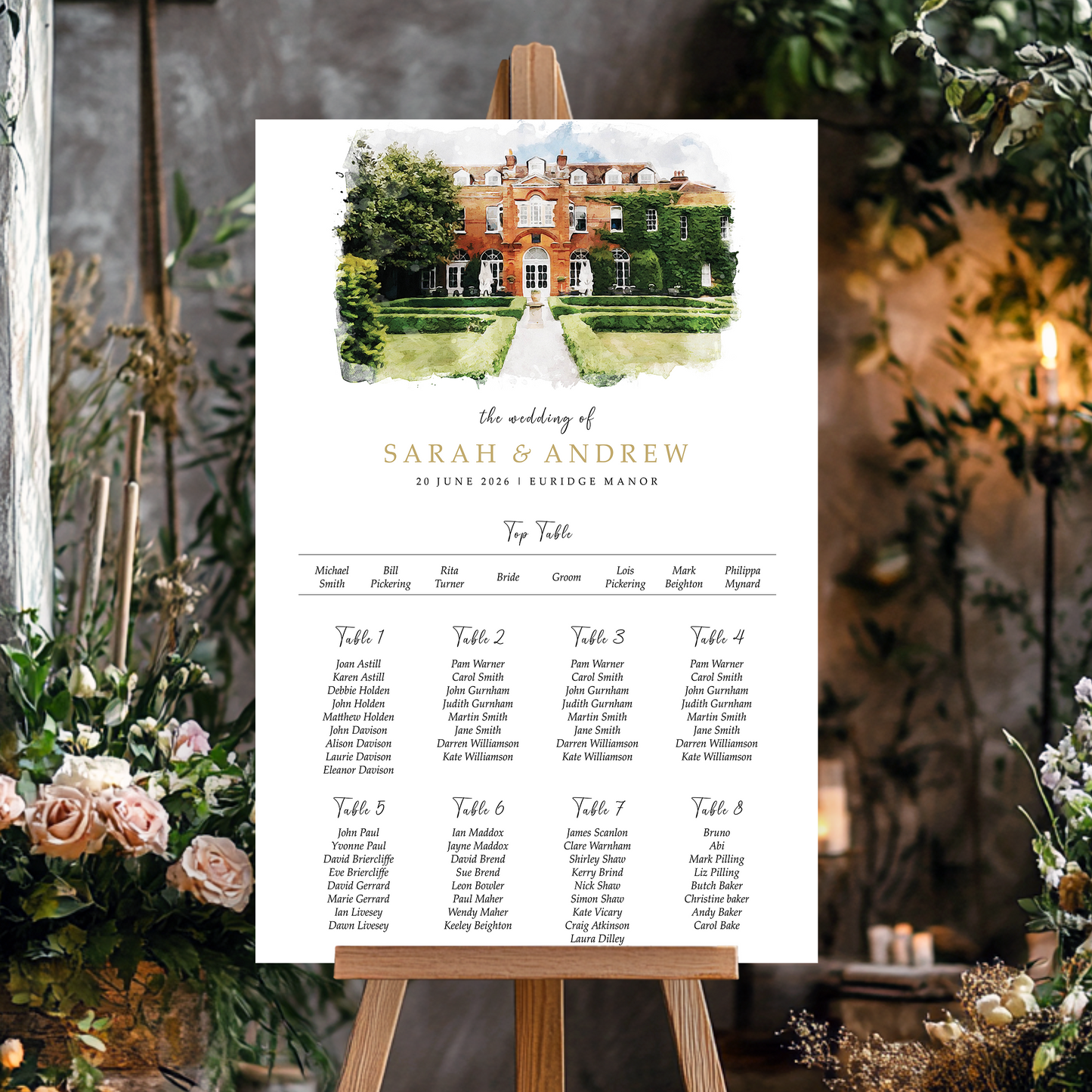 Watercolour Seating chart for a wedding with a illustration of the venue