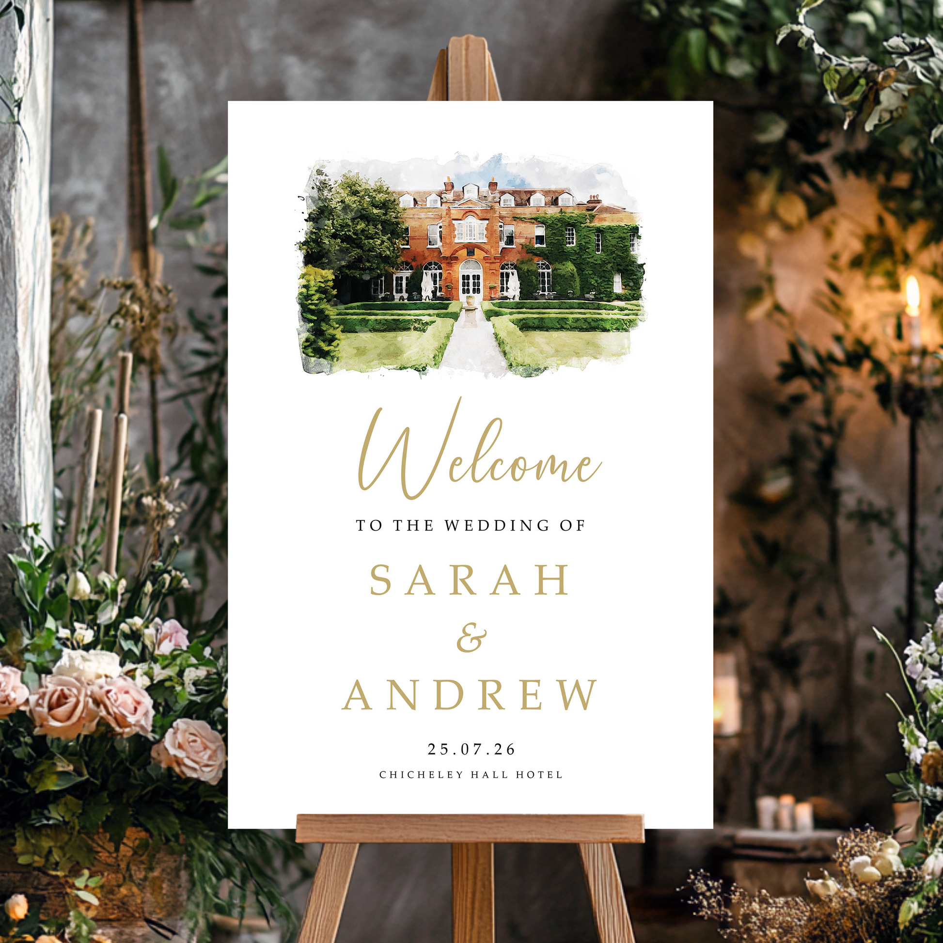 watercolour wedding welcome sign with customers image of their venue transformed to an illustration