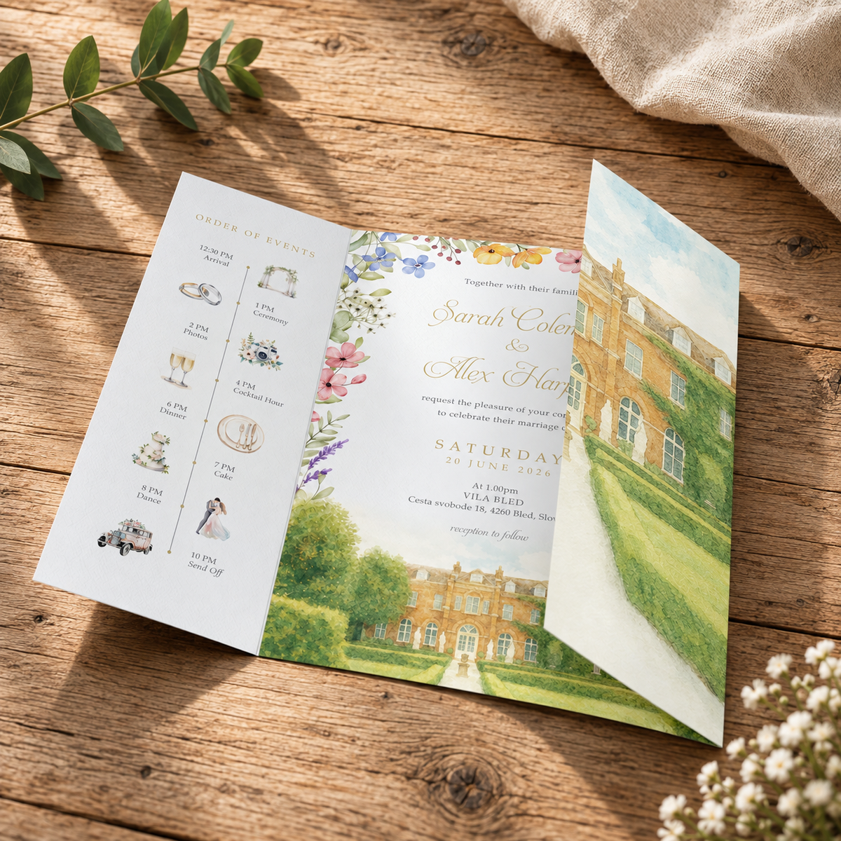 Venue Watercolour Wedding Invitations Garden Gatefold