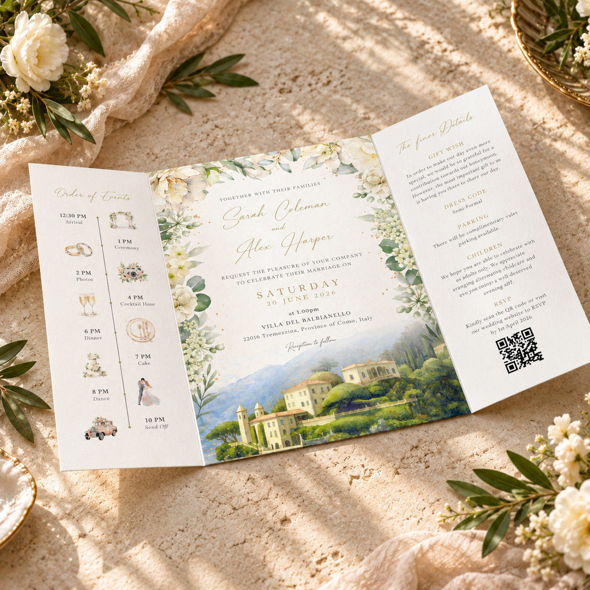 Custom Venue Watercolour Wedding Invitations White Floral Gatefold