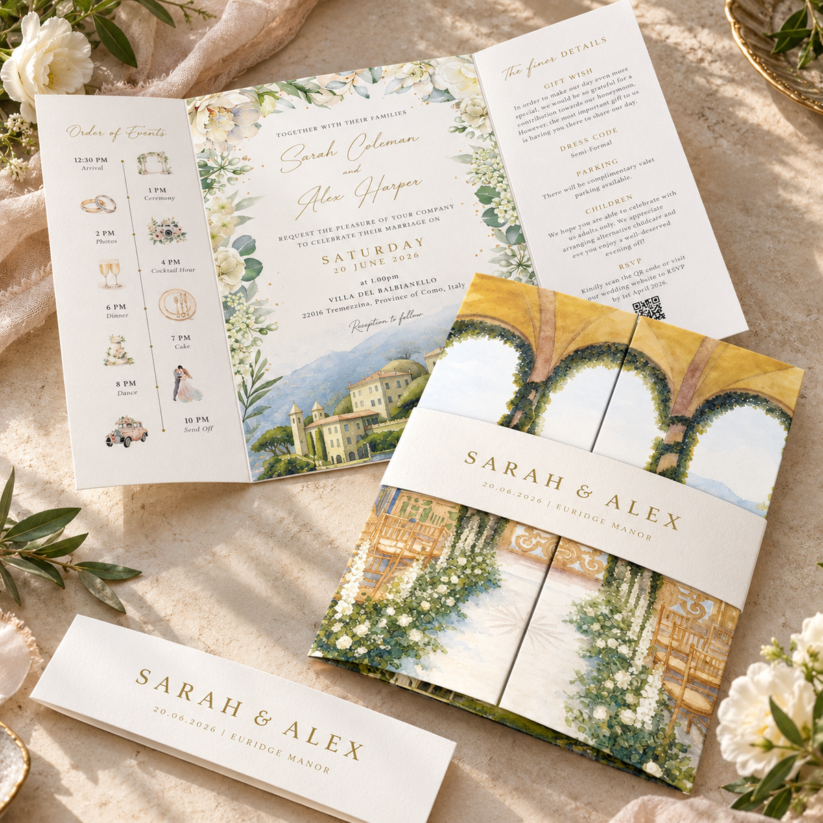White Floral Watercolour Wedding Invitations Sample