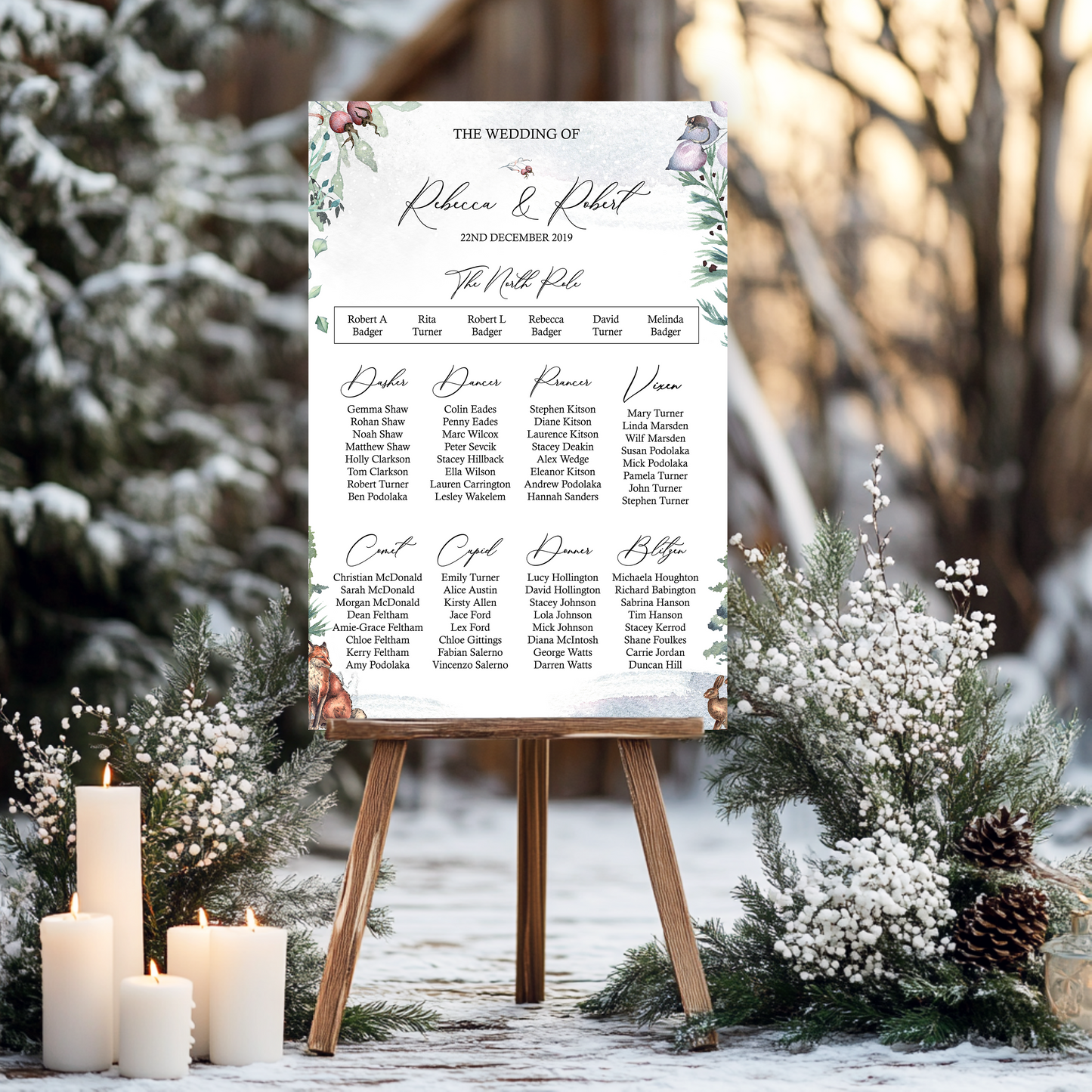 Winter Christmas Table Plan Seating Chart Sign Snow Scene