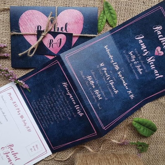 Art Deco Pink & Navy Heart Wedding Invitation Sample