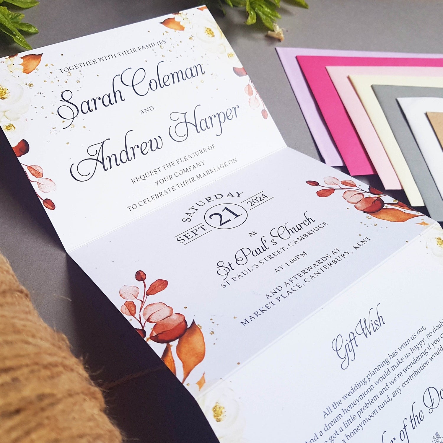 Autumn Eucalyptus Floral Wreath Concertina Wedding Invitations