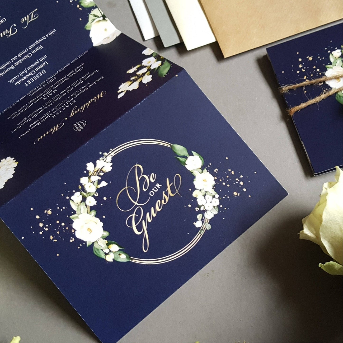 Be Our Guest Blue & White Floral Concertina Wedding Invitations