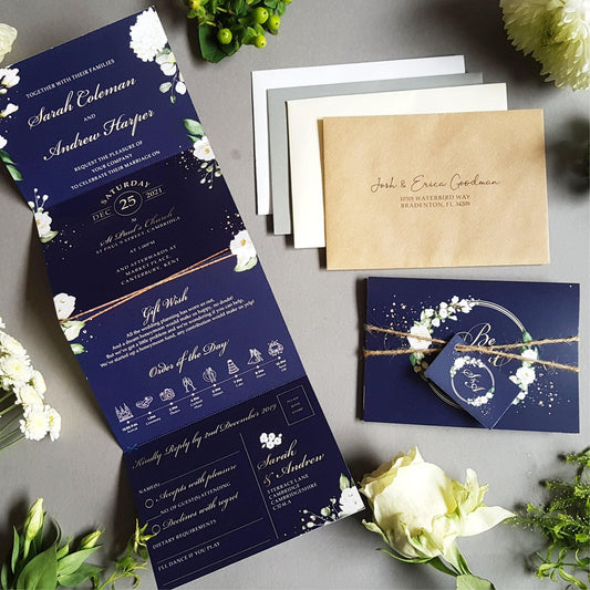 Be Our Guest Blue & White Floral Concertina Wedding Invitations Sample