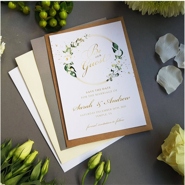 Be our guest white floral save the date cards