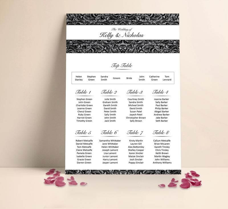 Black Damask Wedding Table plan Seating Planner