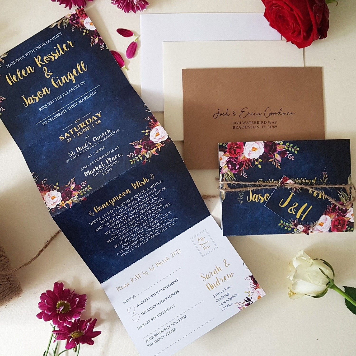 Blue Burgundy Floral Wedding Invitation Sample