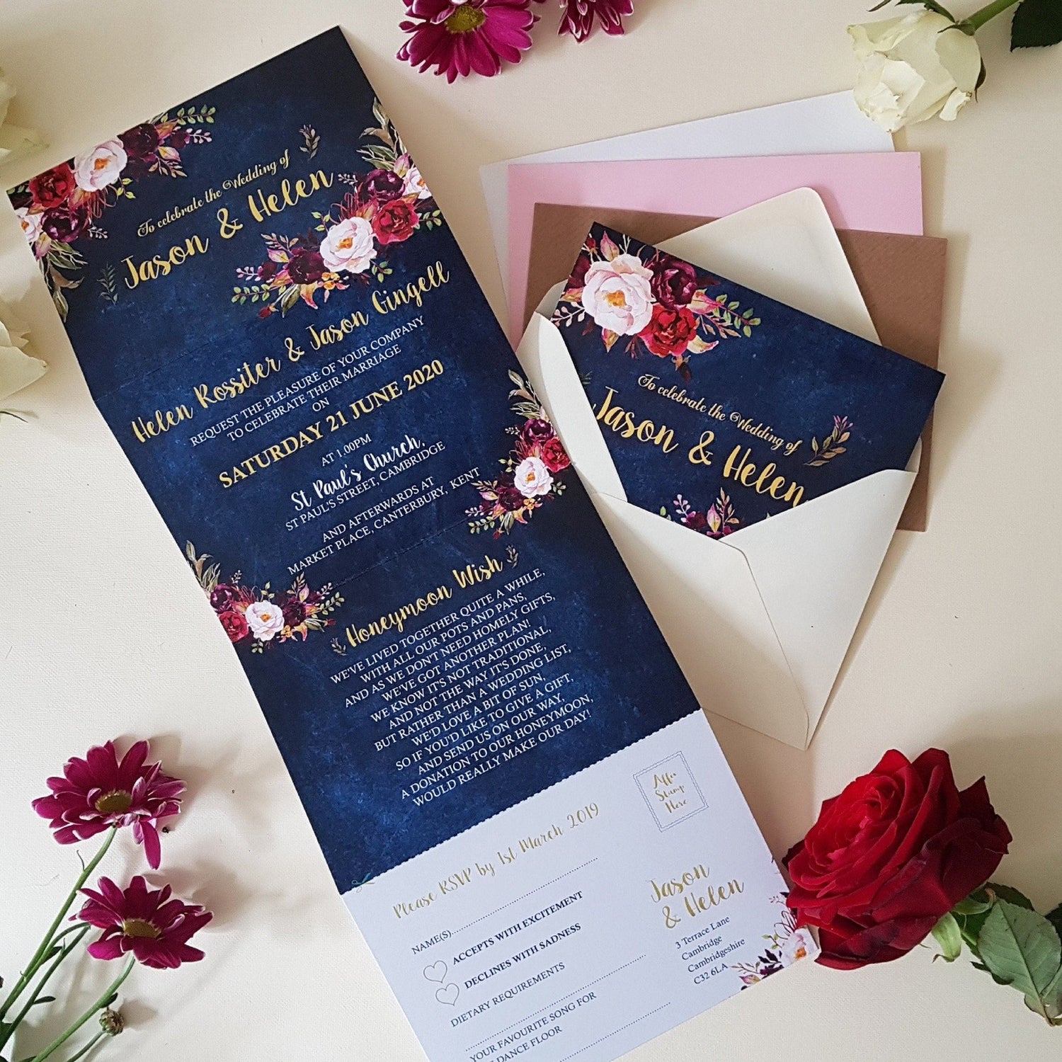 Blue Burgundy Floral Wedding Invitations Sample