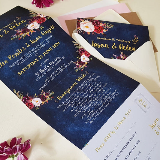 Blue Burgundy Wedding Invitations