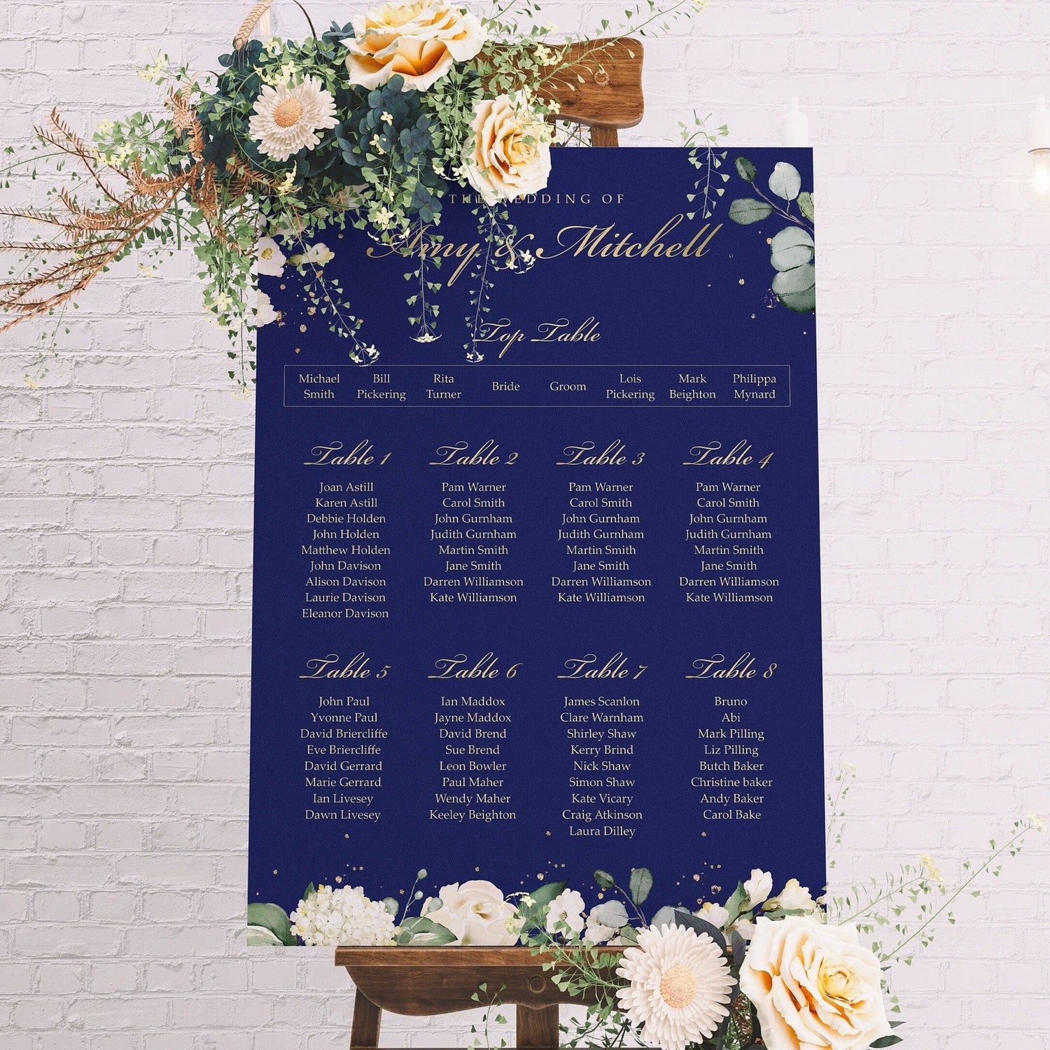 Blue Floral Wedding Seating Chart Table Plan