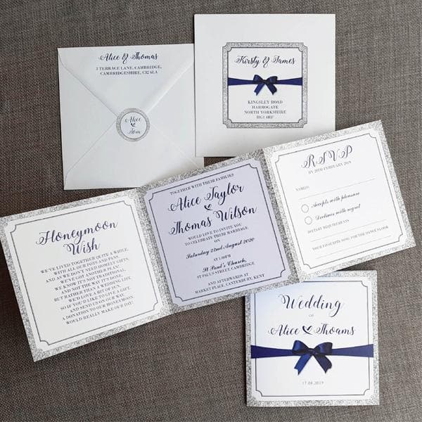 Blue Ribbon & Bow Trifold Wedding Invitations Sample