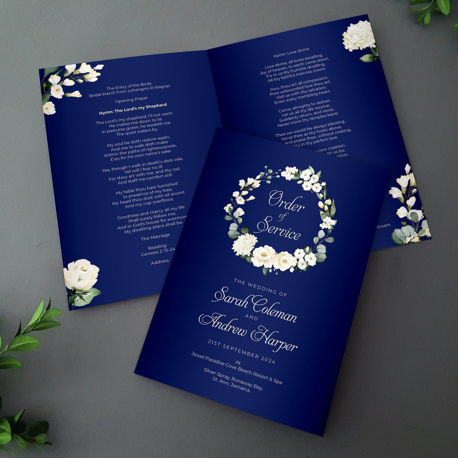 Blue White Floral Order of Service