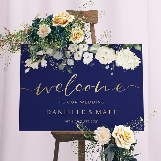 Blue White Floral Wedding Welcome Sign