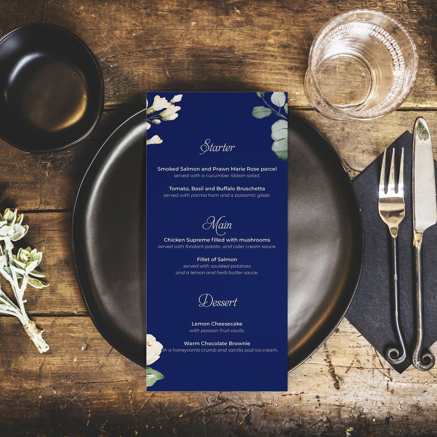 Blue White Personalised Wedding Menus