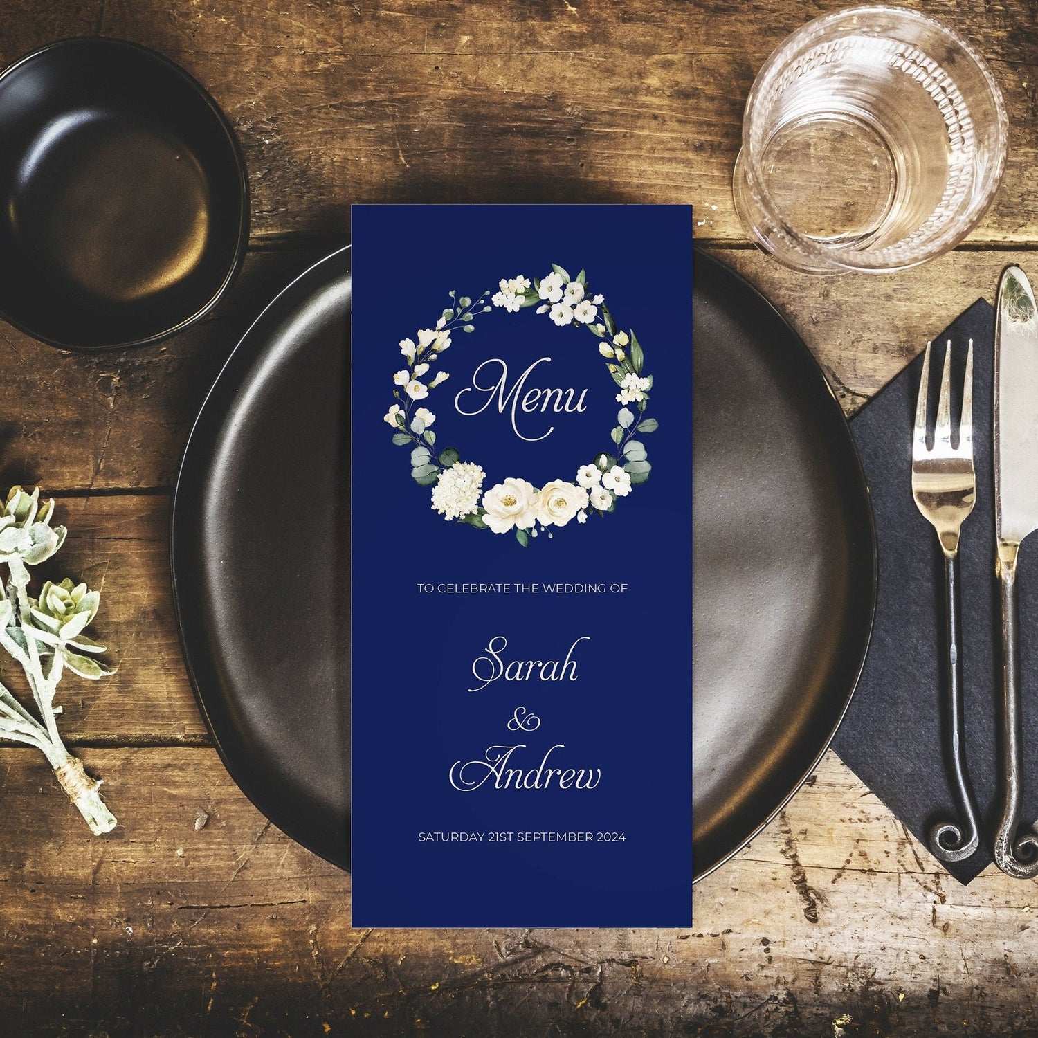 Blue White Personalised Wedding Menus