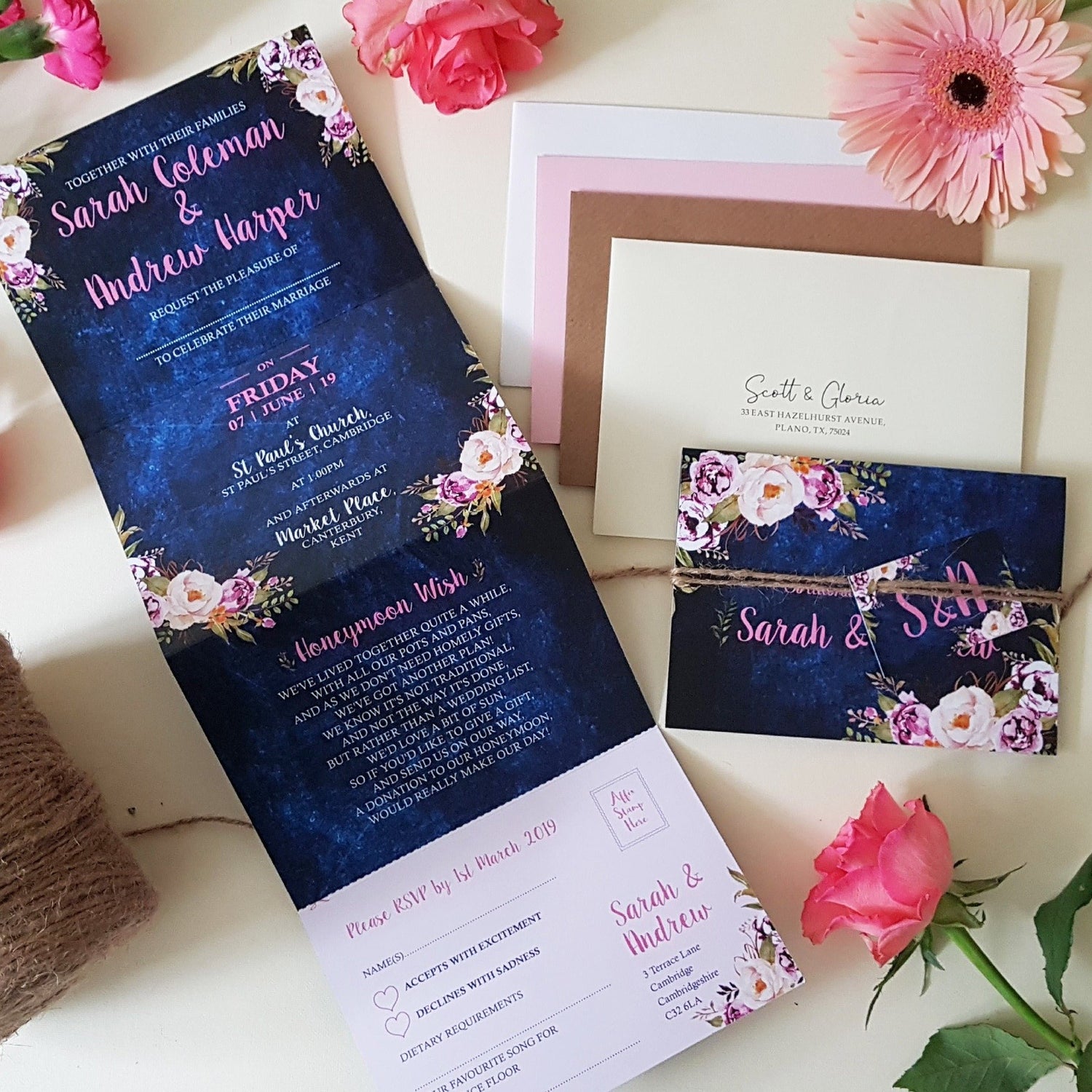 Blush Blue Floral Wedding Invitation Sample