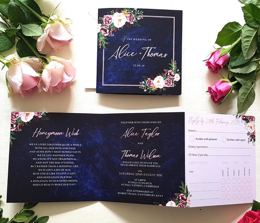 Blush Blue Trifold Wedding and Evening Invitation