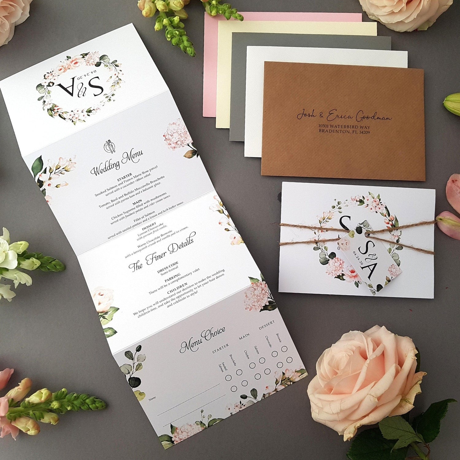 Blush Floral & greenery Concertina Wedding Invitations Sample
