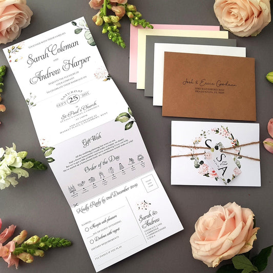 Blush Floral & greenery Concertina Wedding Invitations Sample