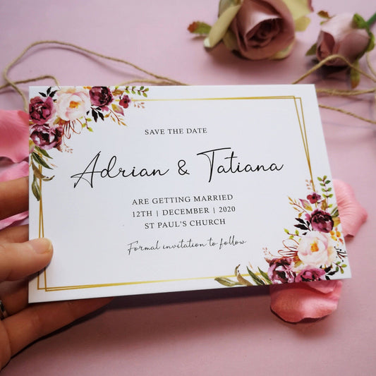 Blush gold save the date cards