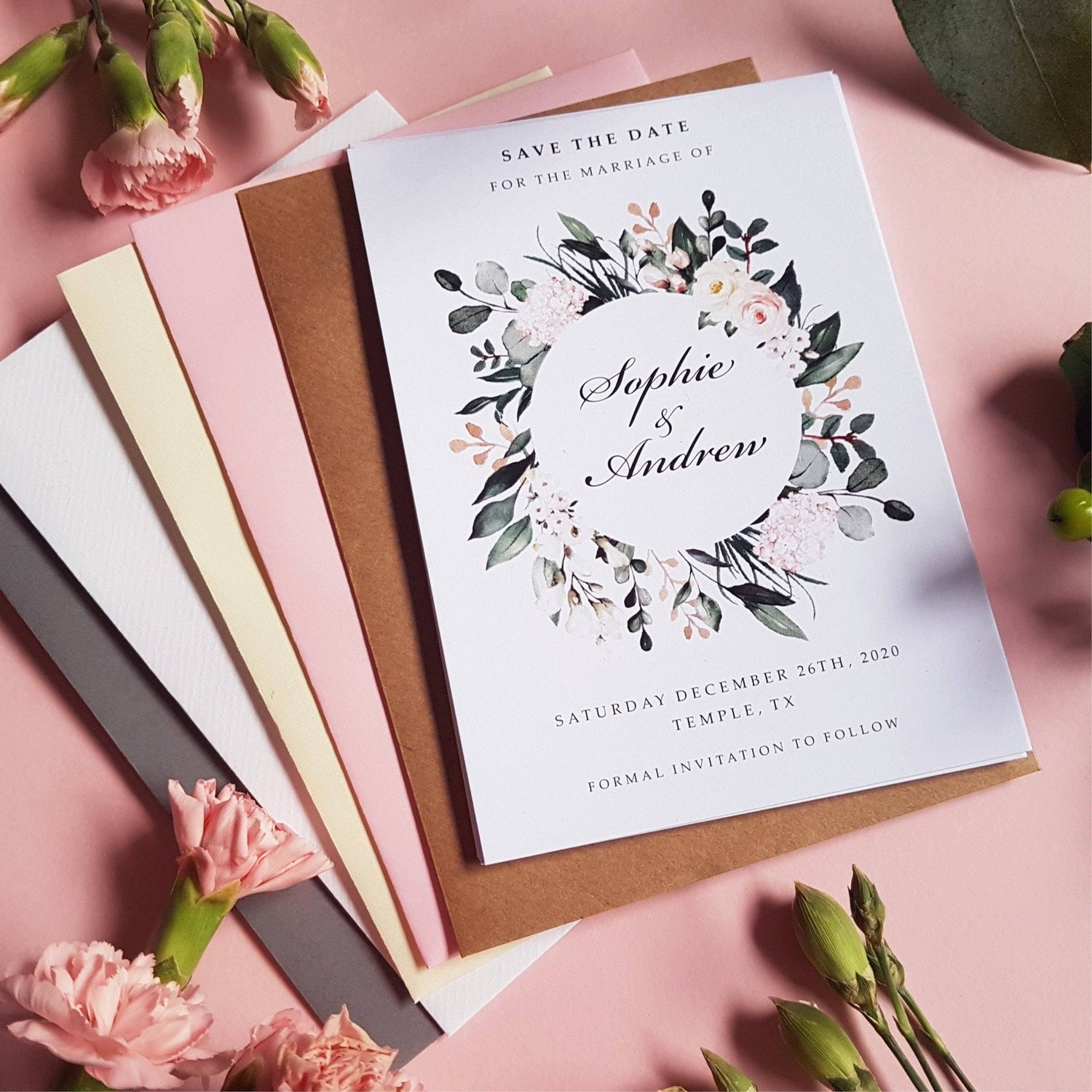Blush wild floral save the date cards