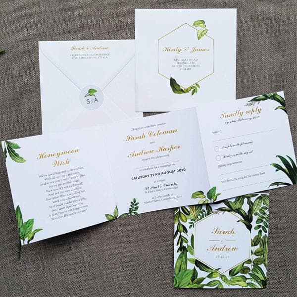 Botanical Leafy Gold Geometric Wedding and Evening Invitation Sample