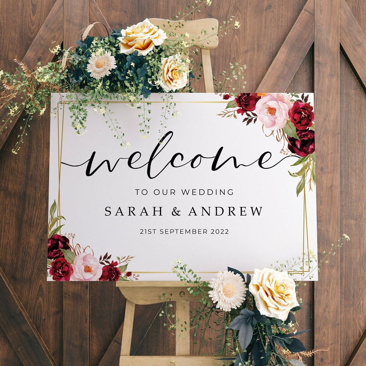 Burgundy Floral Wedding Welcome Sign