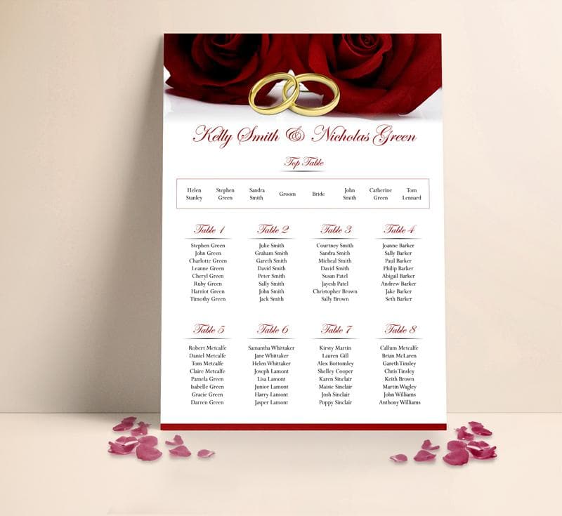 Burgundy Roses Gold Rings Wedding Table plan Seating Planner