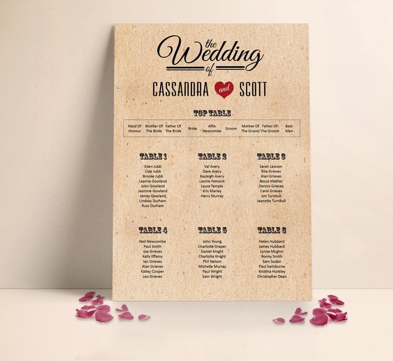 Classic Vintage Heart Wedding Table plan Seating Planner