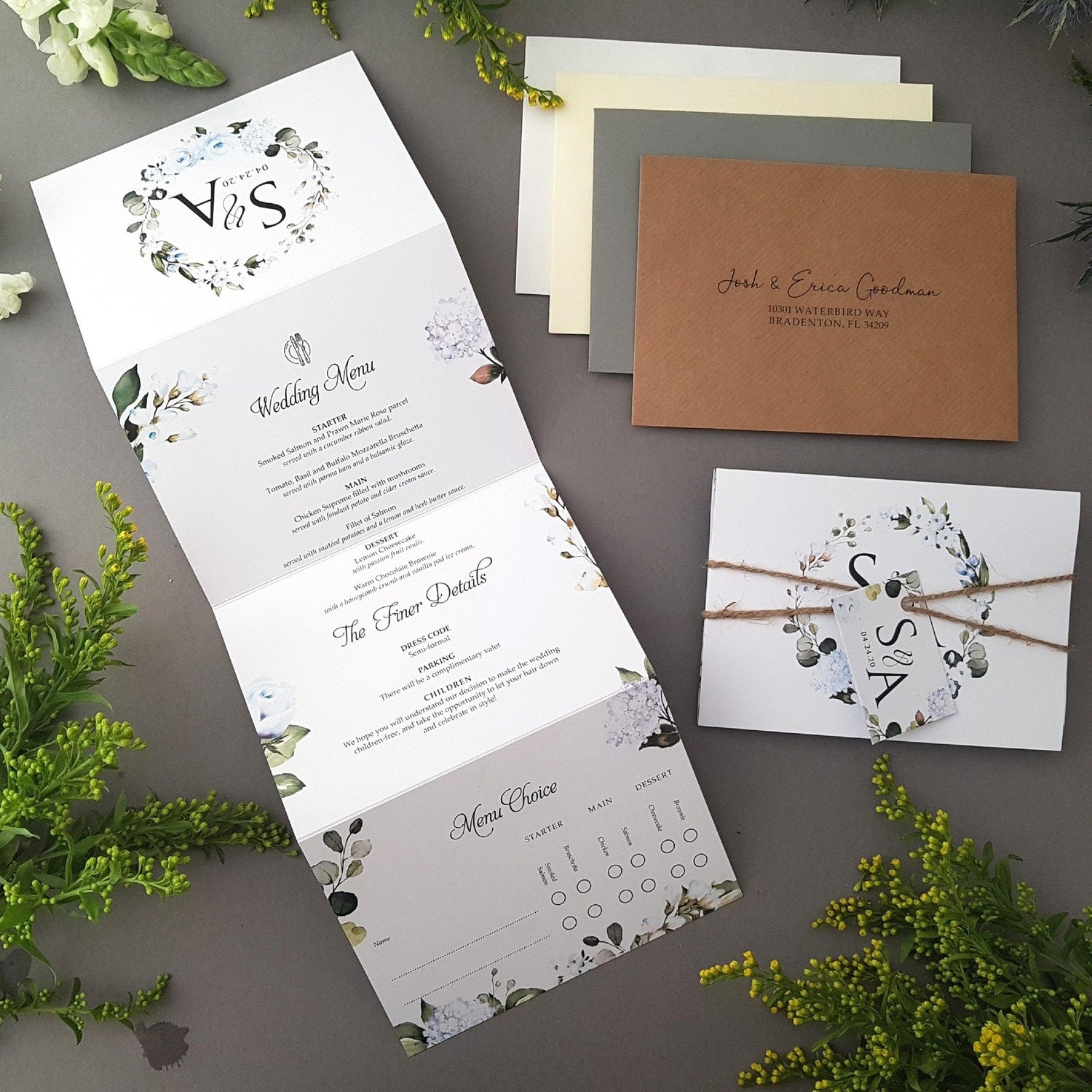 Cornflower Blue Floral Wedding Invitation Sample