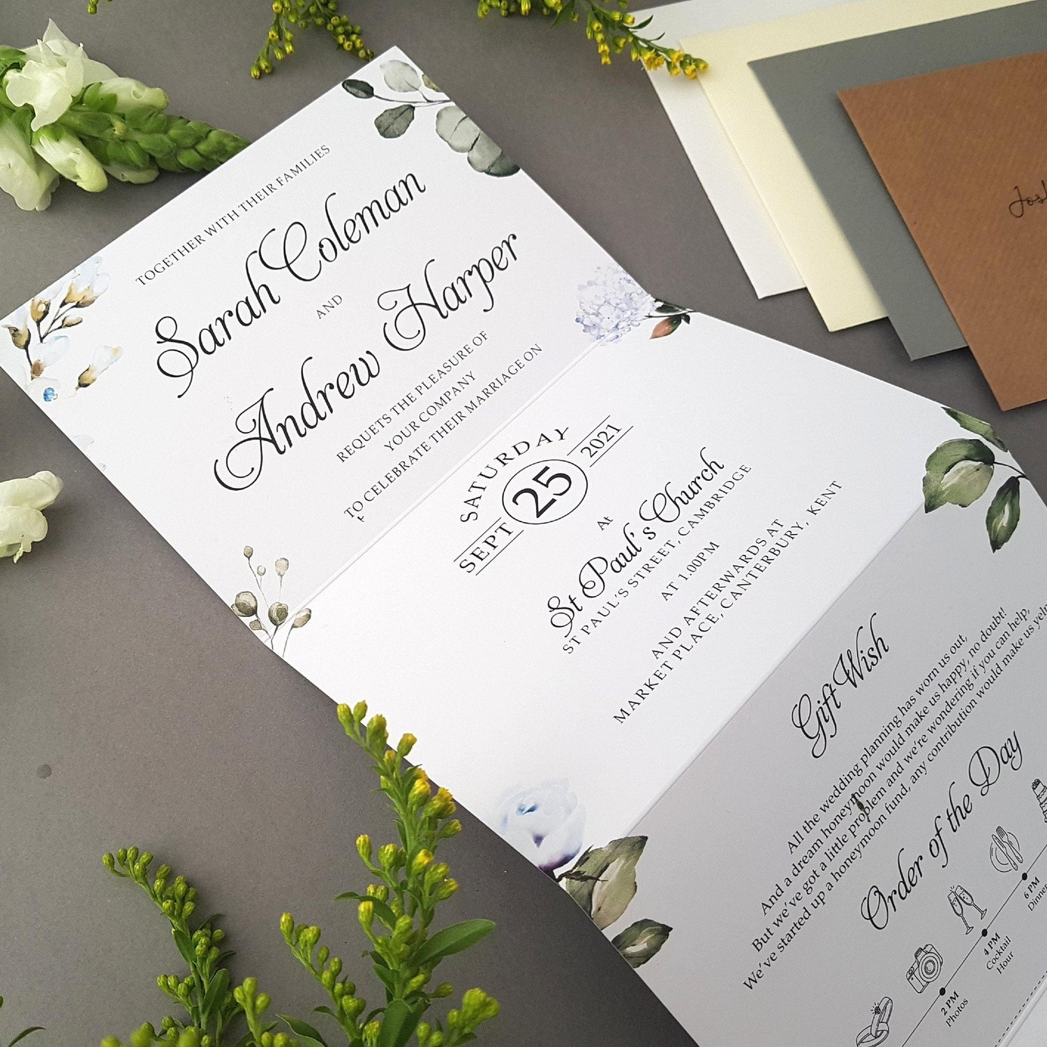 Cornflower Blue Floral Wedding Invitation Sample
