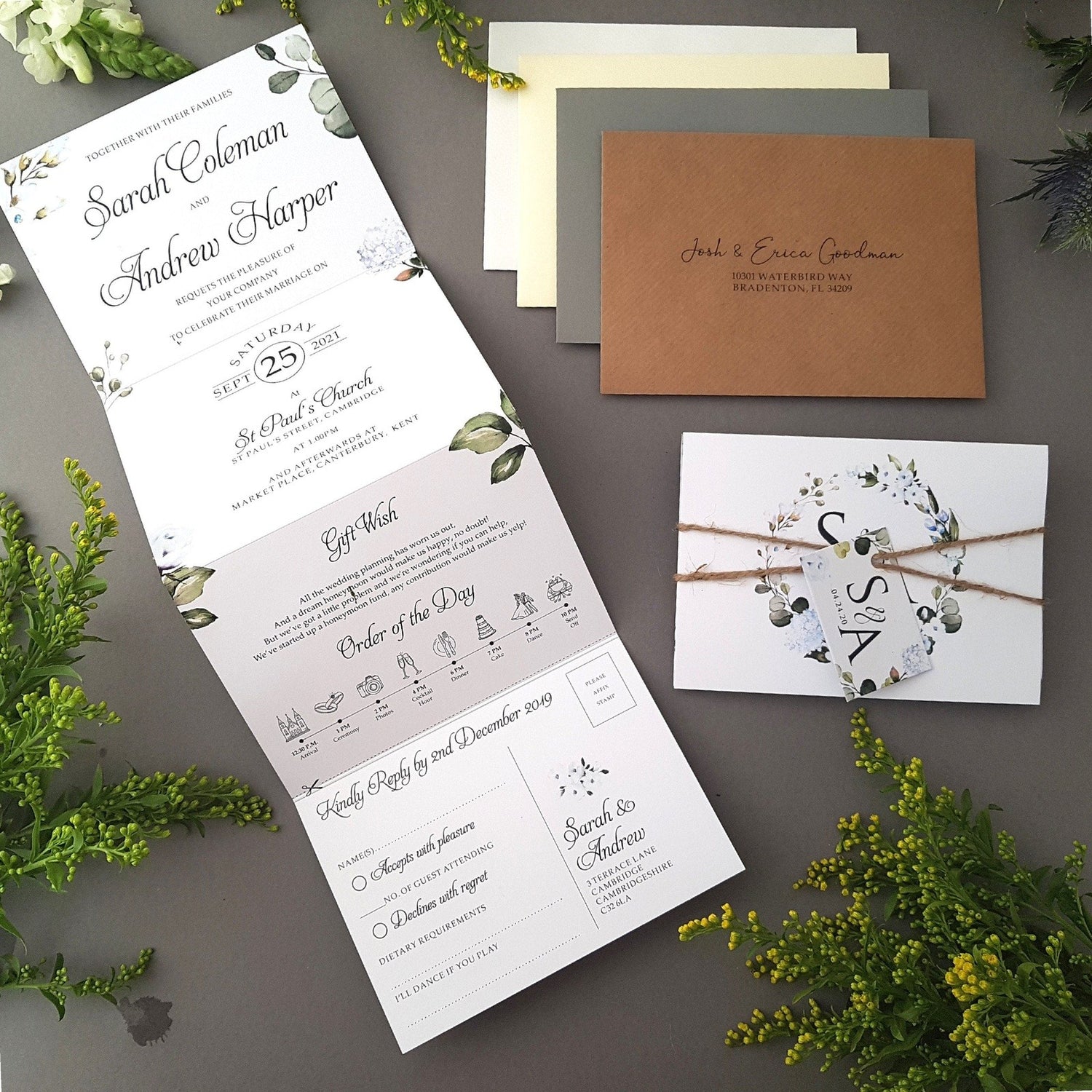 Cornflower Blue Floral Wedding Invitation Sample