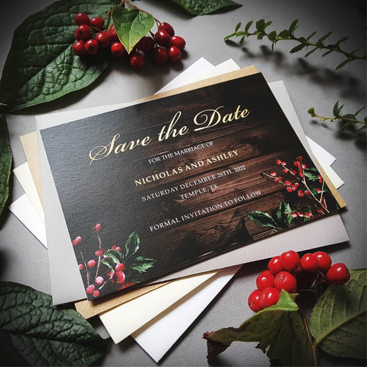 Dark winter save the date cards