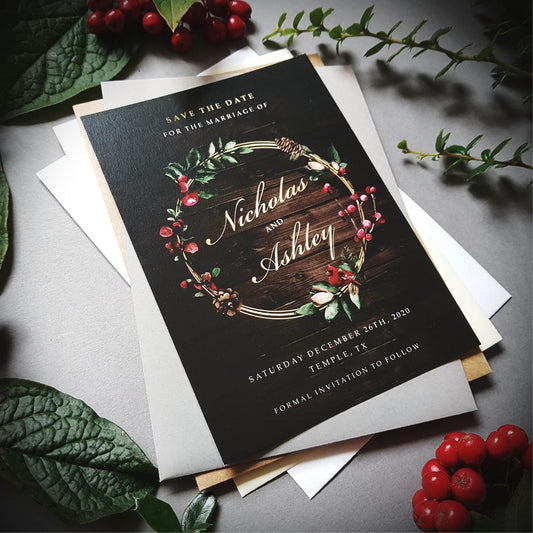 Dark winter save the date cards