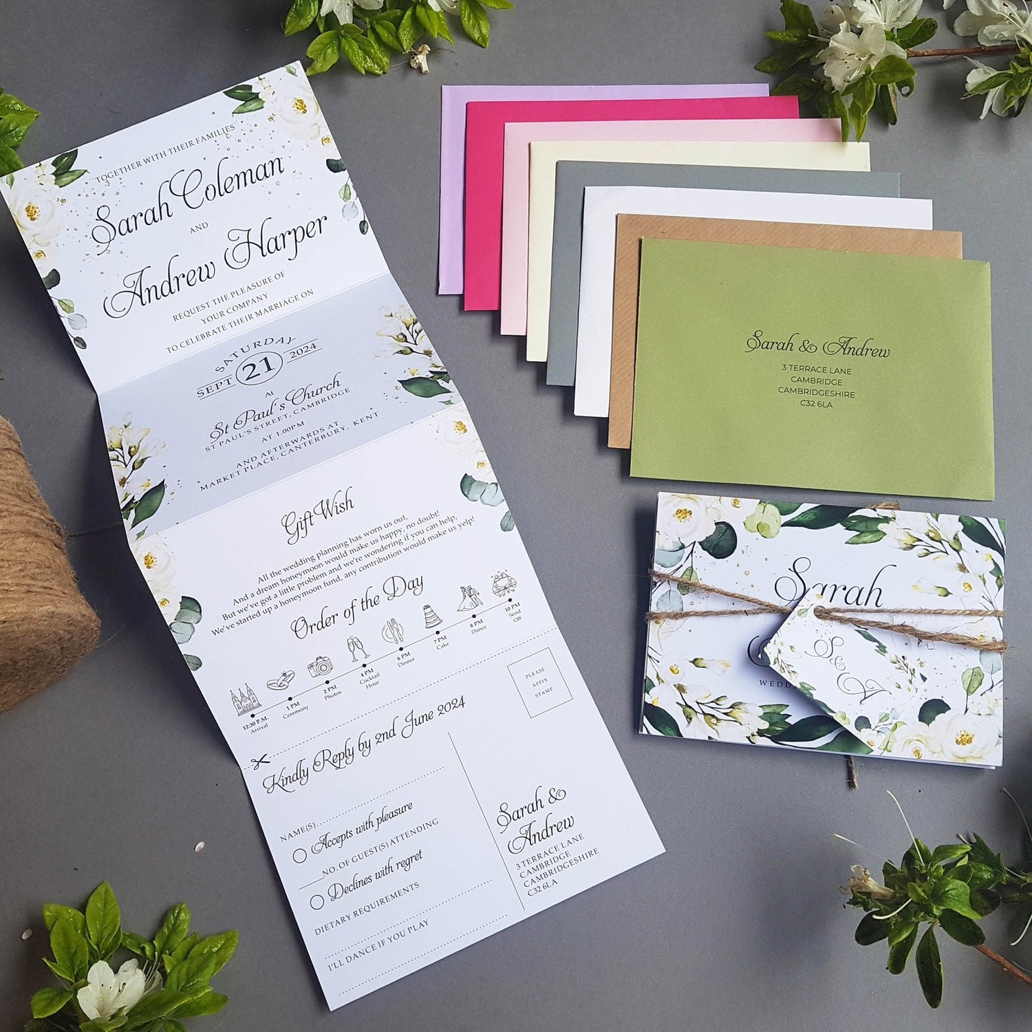 Eucalyptus White Floral Concertina Wedding Invitations