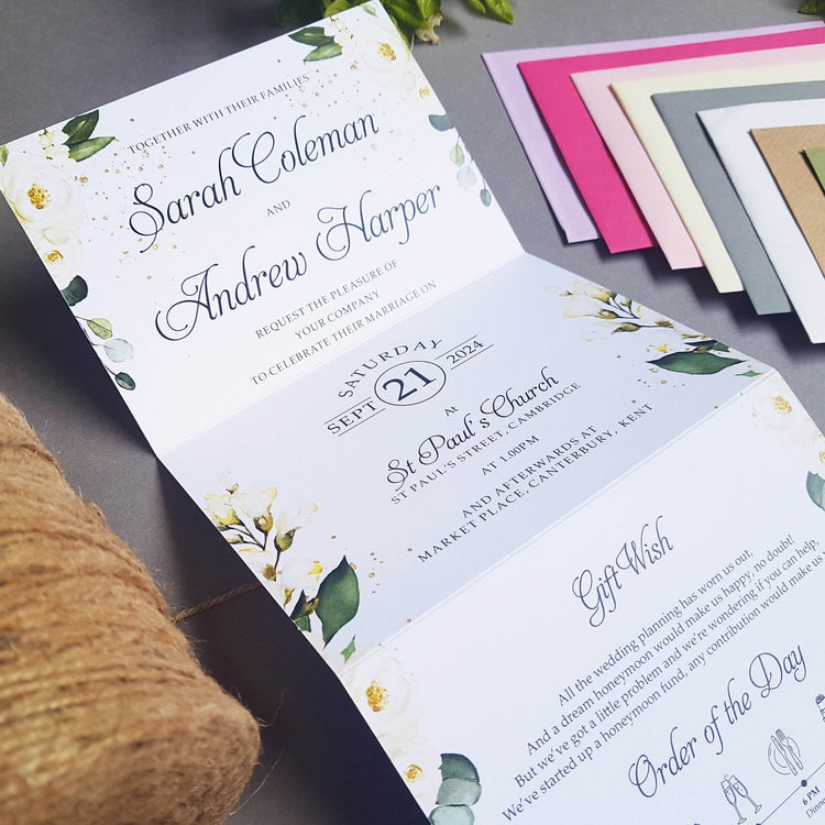 Eucalyptus White Floral Concertina Wedding Invitations