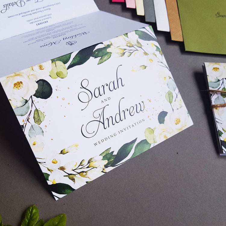 Eucalyptus White Floral Concertina Wedding Invitations