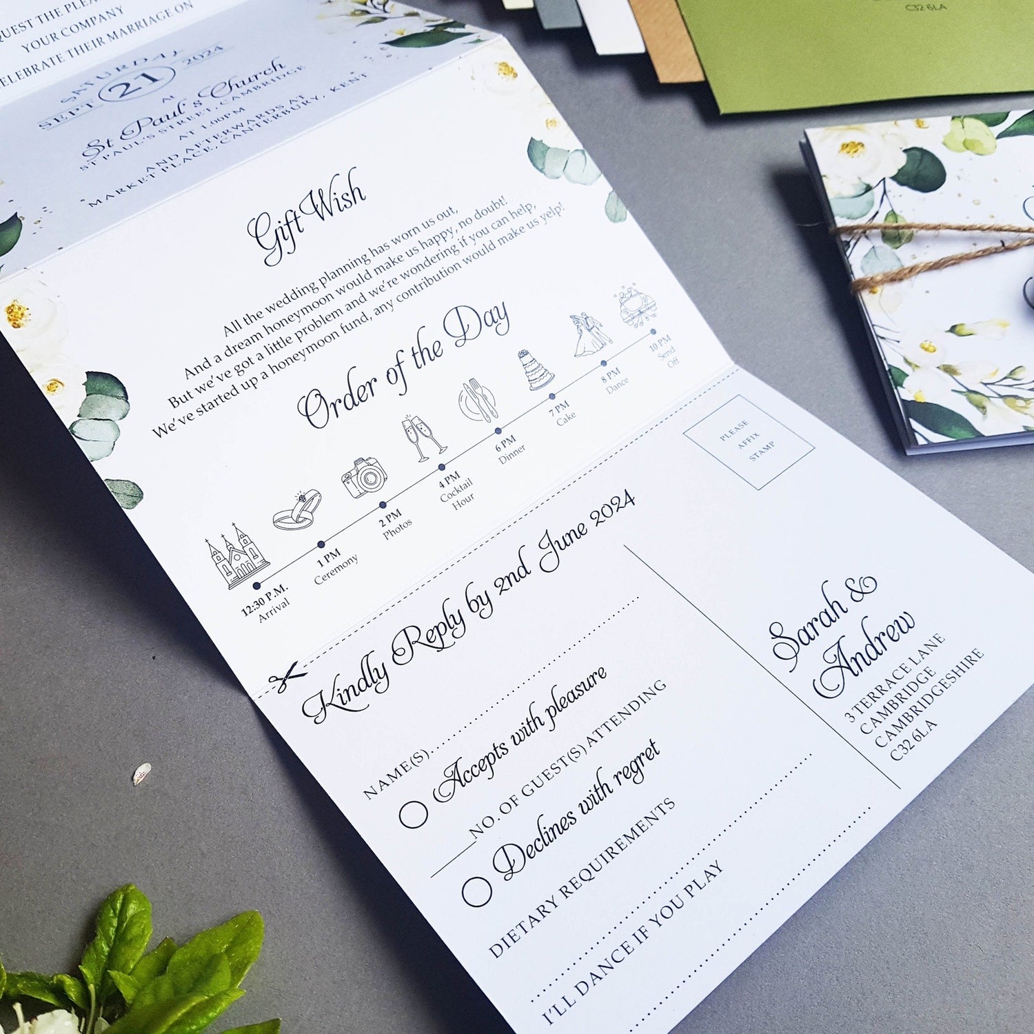 Eucalyptus White Floral Concertina Wedding Invitations Sample