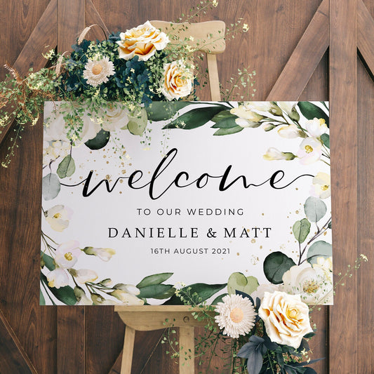 Eucalyptus White Floral Wedding Welcome Sign