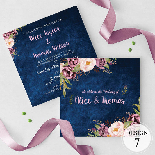Floral Navy Wedding and Evening Invitation